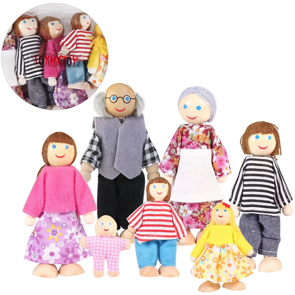7pcs Wooden Dolls Pretend Play Set R775