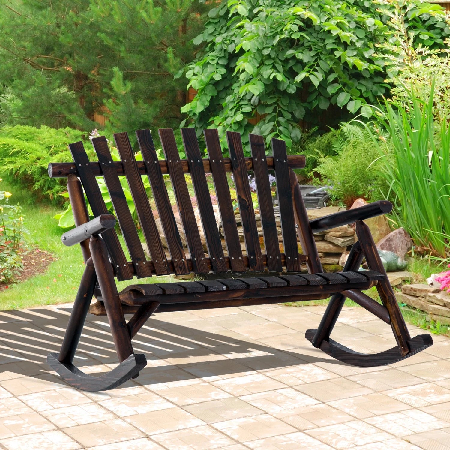 Rustic Double Rocking Chair Adirondack Bench, Fir Wood P51682