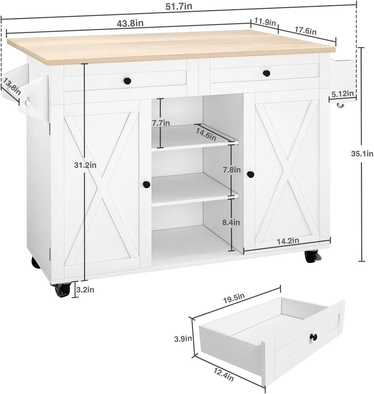 White Kitchen Island with Storage and Drop Leaf P440300