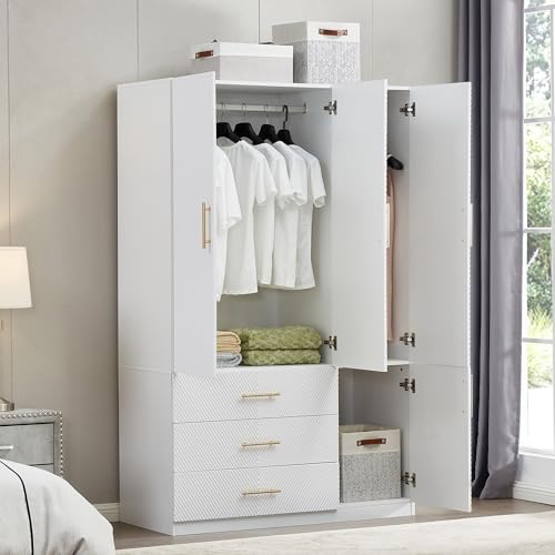 White 4 Doors 3 Drawers Wooden Closet Cabinet Wardrobe Armoire V8323