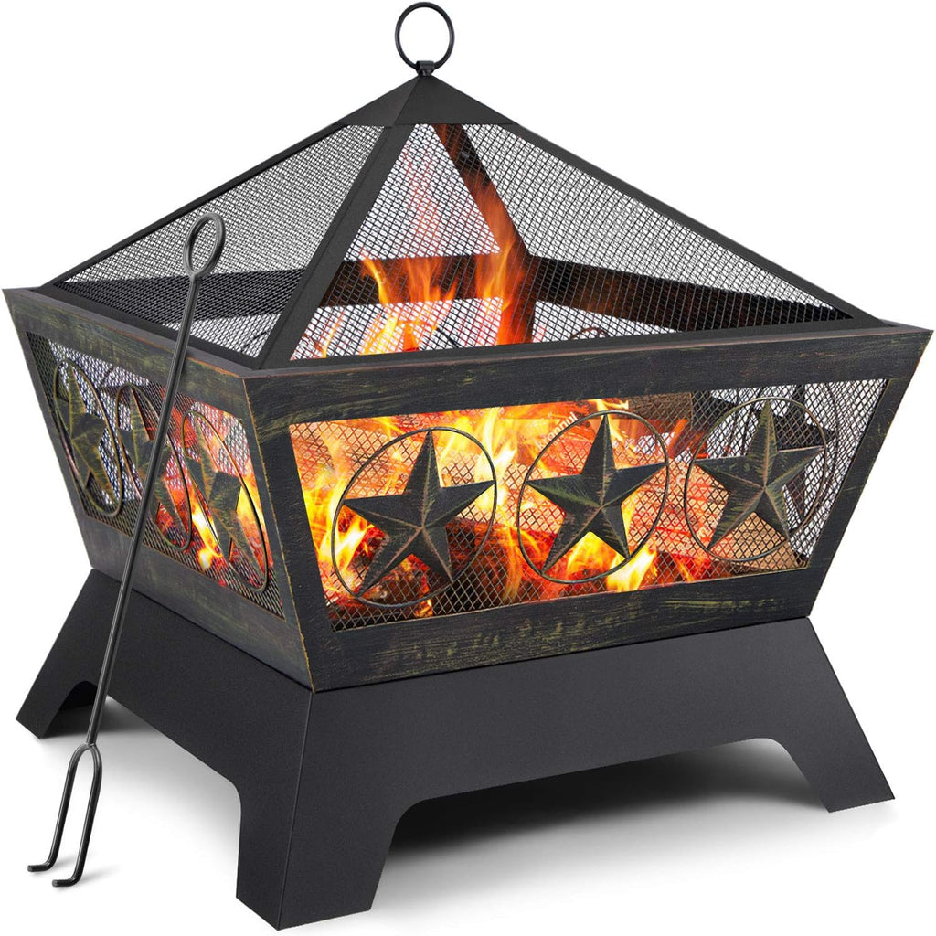 Fire Pit Outdoor Wood Burning 24in with Spark Screen Mesh Lid Bronze C2621