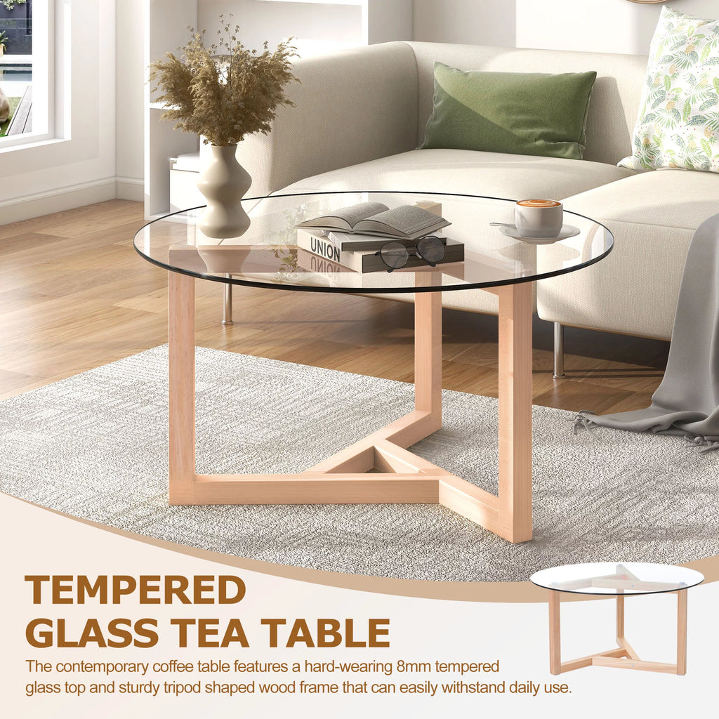Round Glass Coffee Table with Tempered Glass Top & Wood Base F2262
