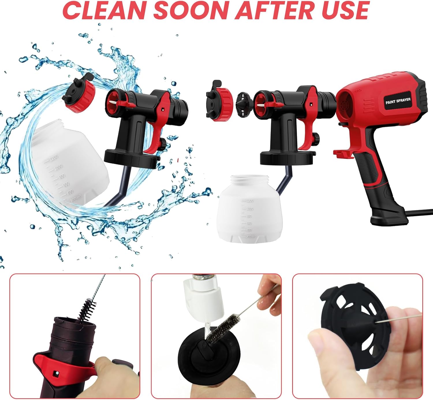 700W Electric Paint Sprayer with 1200ml Container, 4 Nozzles, 3 Patterns (Red) K9074
