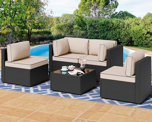 5 Pieces PE Wicker Outdoor Sectional Sofa with Glass Coffee Table C45938