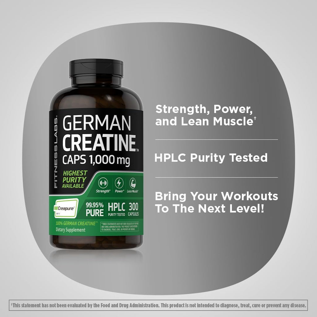 German Creatine Capsules 1000mg 300 Count Monohydrate Non-GMO Gluten Free M4966