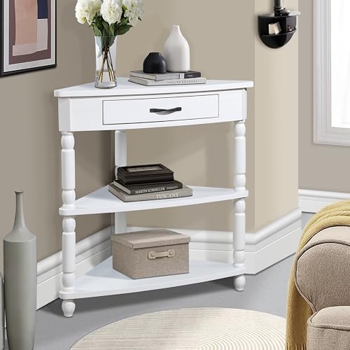 Triangle Side Table with Drawer and Storage Shelves (Milk White) S6147
