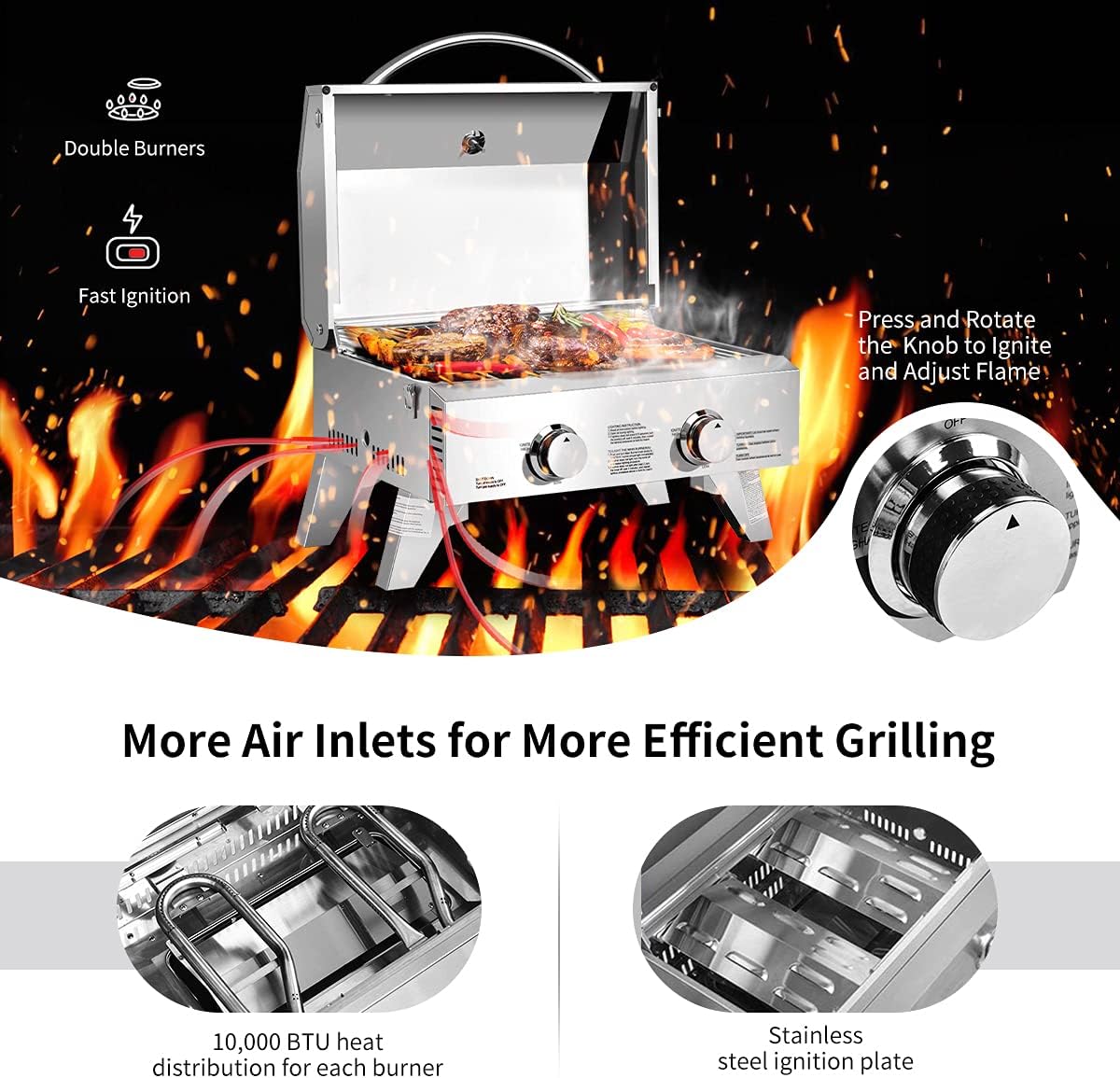 Portable Propane Gas Grill Two-Burner Outdoor BBQ Grill with Foldable Leg, 20000 BTU E53634