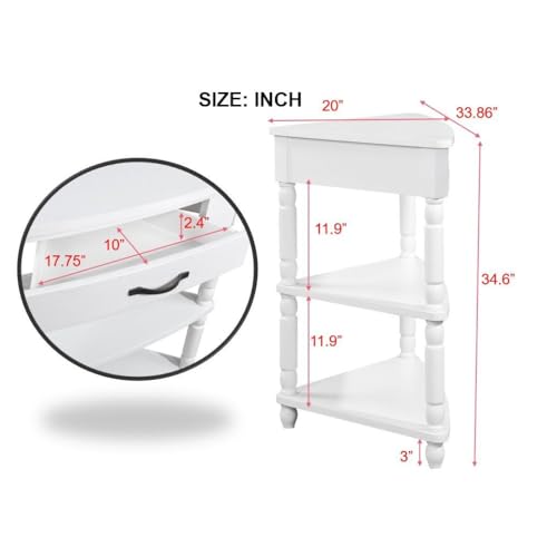 Triangle Side Table with Drawer and Storage Shelves (Milk White) S6147