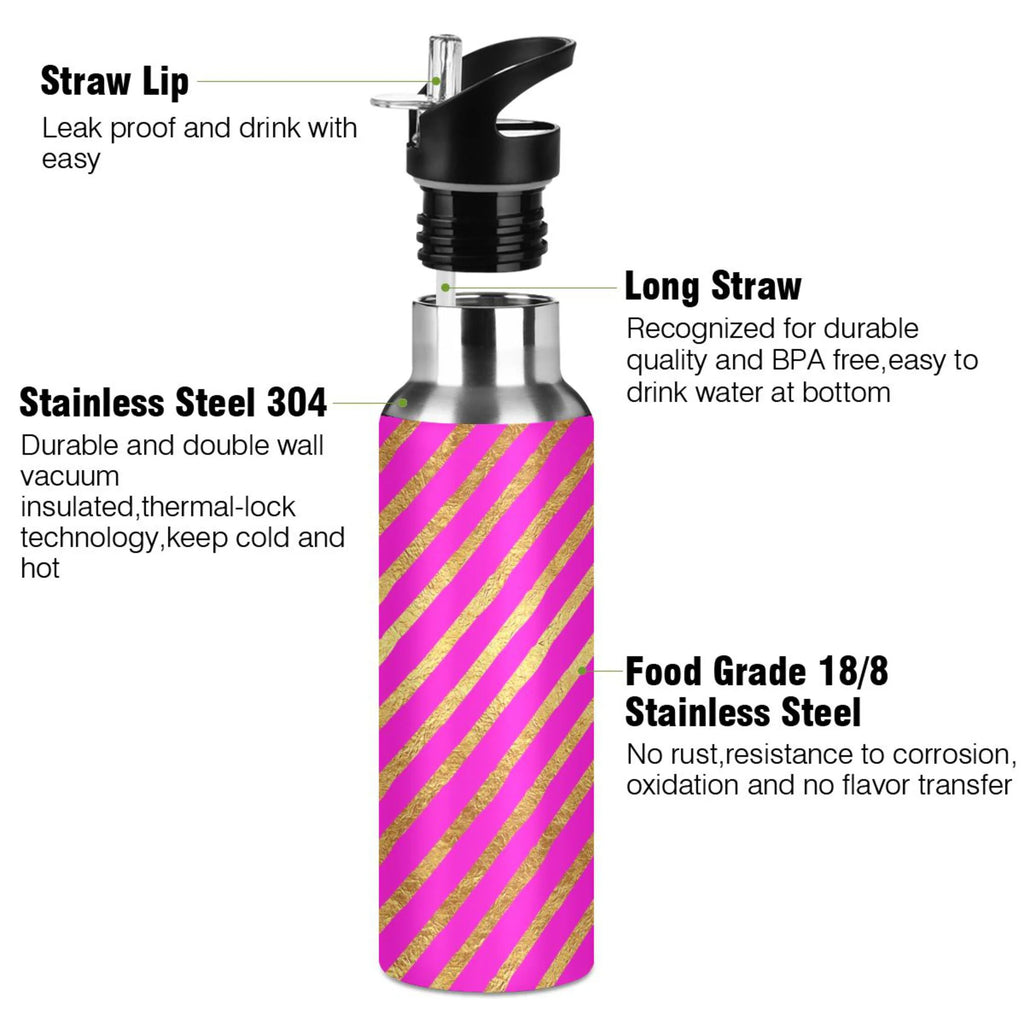 Hot Pink Striped Stainless Steel Vacuum Insulated Water Bottle 20 OZ I500639