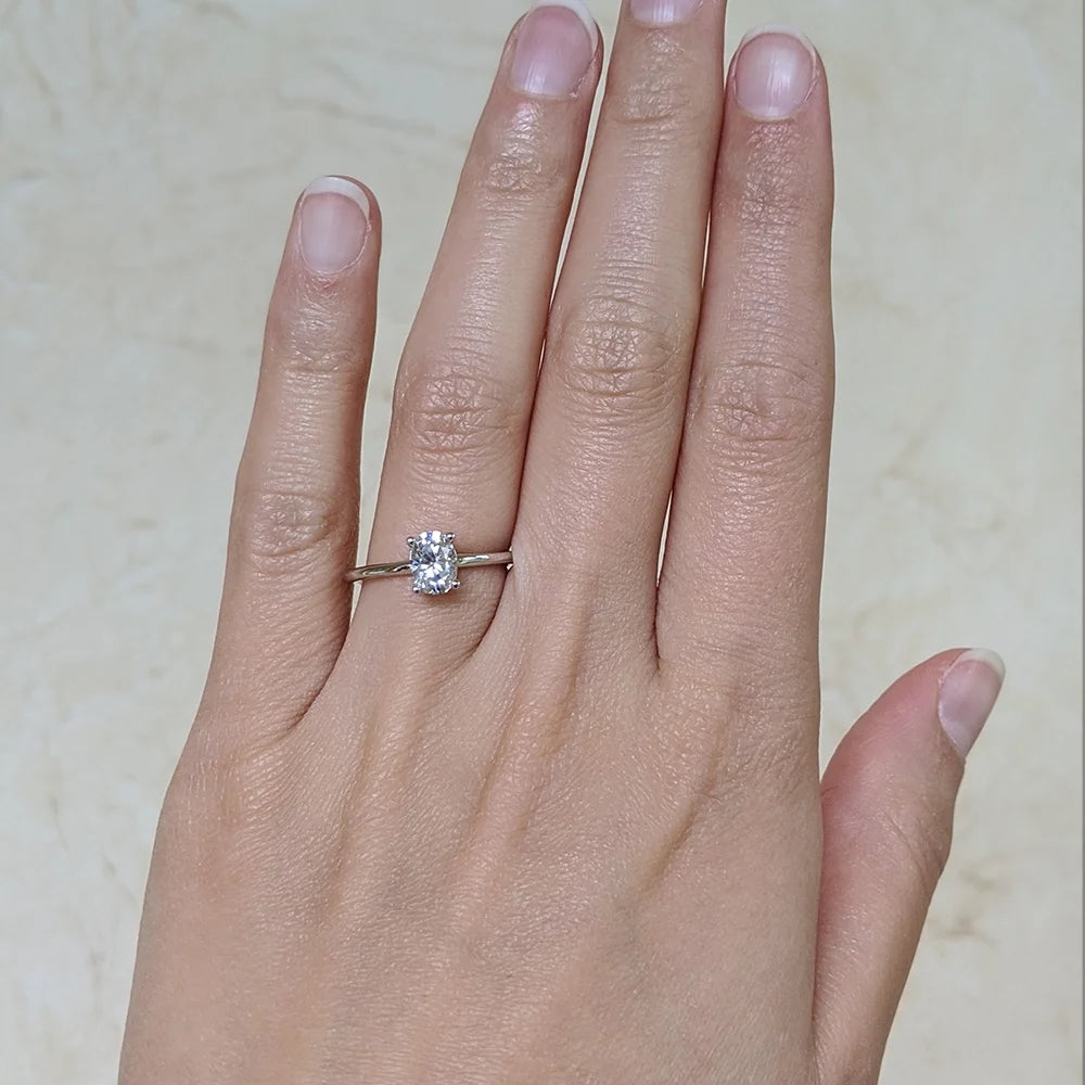 Platinum Plated Sterling Silver Moissanite Oval Solitaire Ring Q334806