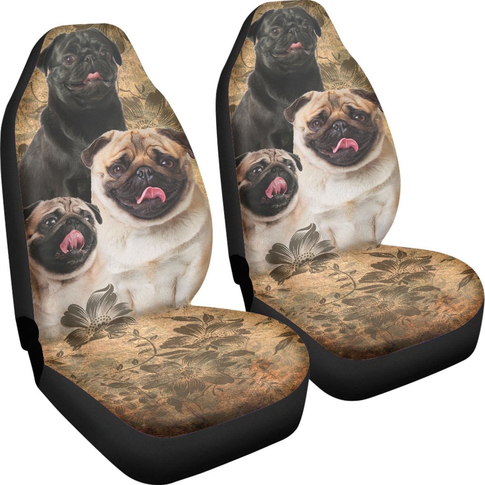 Pug Dog Floral Print Seat Covers, Set of 2 Pcs S62163