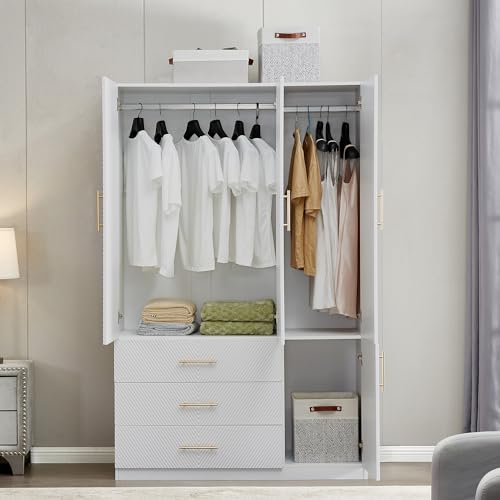 White 4 Doors 3 Drawers Wooden Closet Cabinet Wardrobe Armoire V8323
