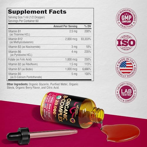 USDA Organic Vitamin B12 Sublingual Drops 5000 mcg Liquid Vegan Methylcobalamin 2 fl oz T447