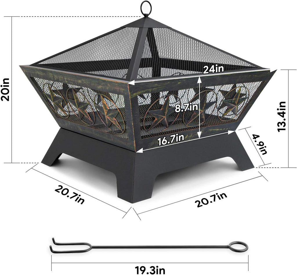 Fire Pit Outdoor Wood Burning 24in with Spark Screen Mesh Lid Bronze C2621
