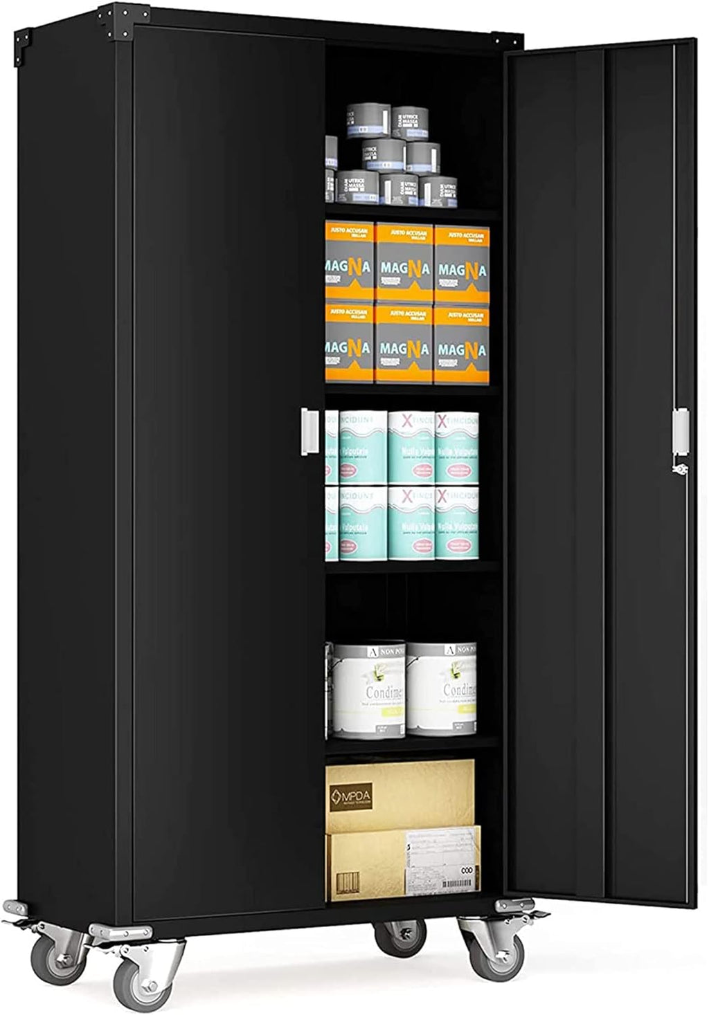 Black Metal Storage Cabinet with Wheels, 72 Inches E8952