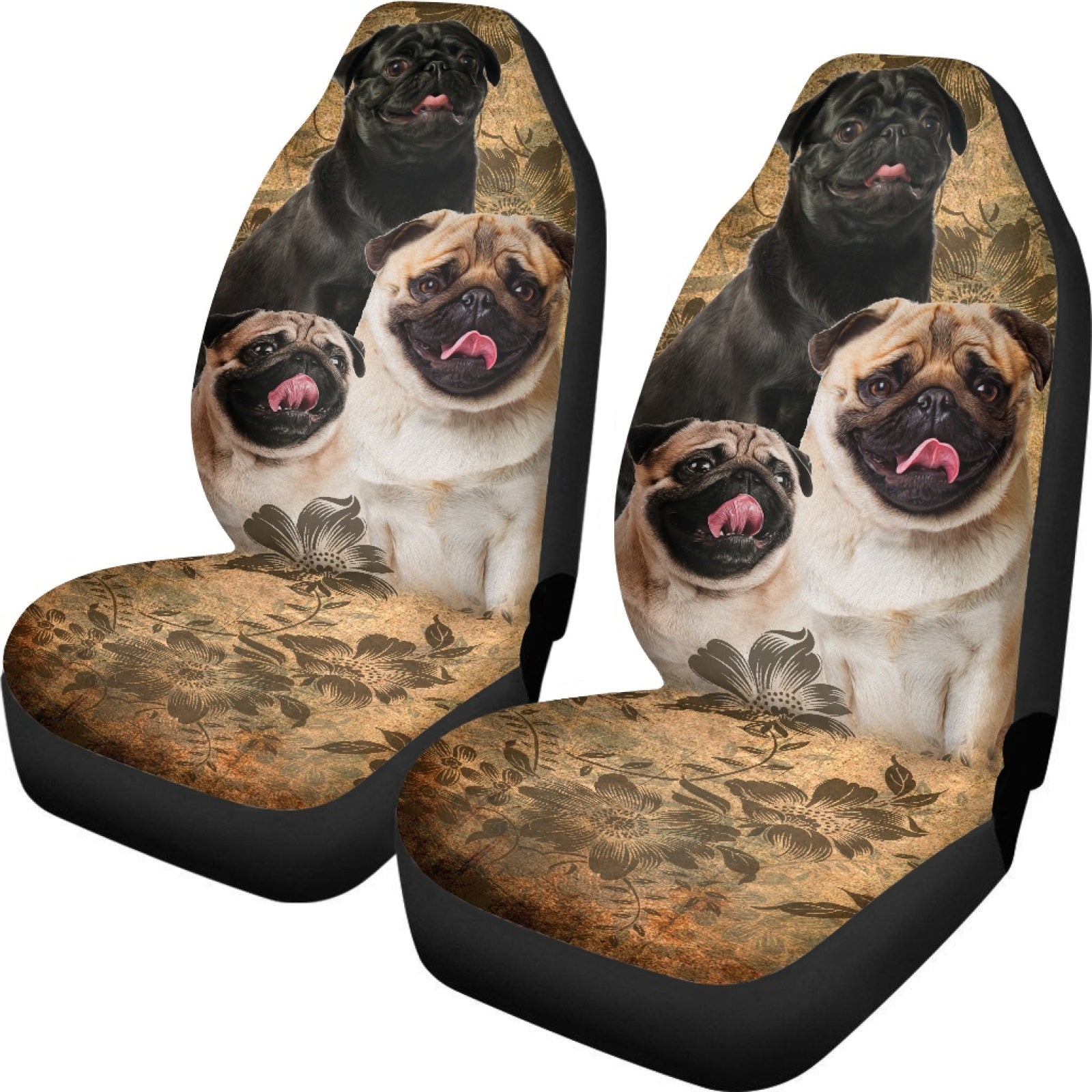 Pug Dog Floral Print Seat Covers, Set of 2 Pcs S62163