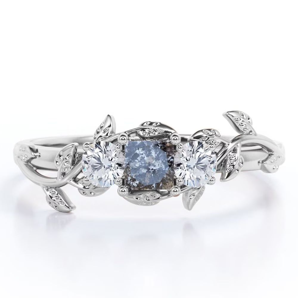 Three Stone Engagement Ring with Princess Cut Salt and Pepper Diamond and Moissanite Q993146