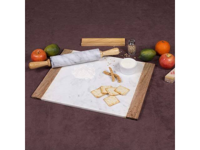 Natural White Marble Mango Wood Handled Board and Pastry Board Set K103414