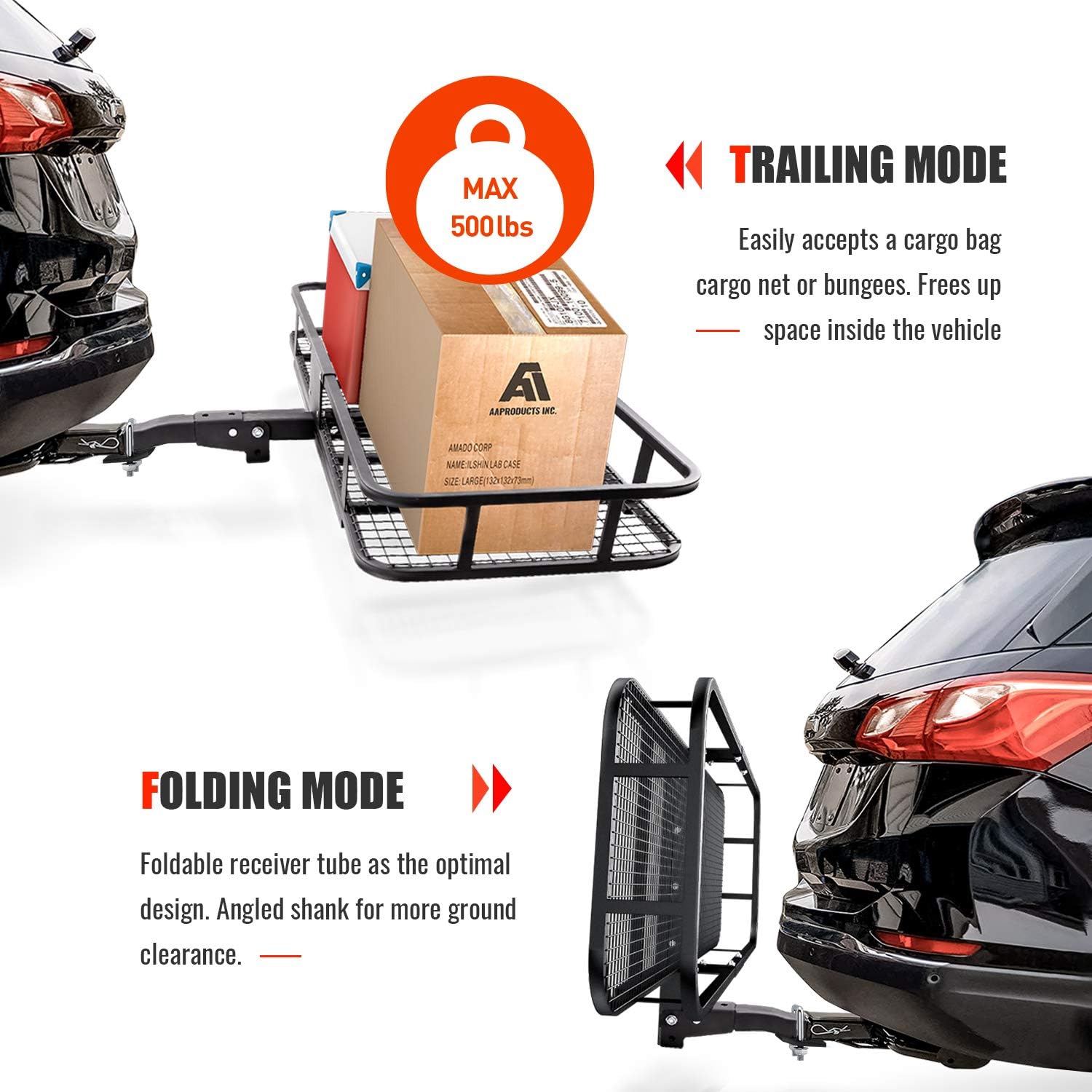 Hitch Mount Folding Cargo Carrier with Cargo Net, 500 LB Max Capacity B204