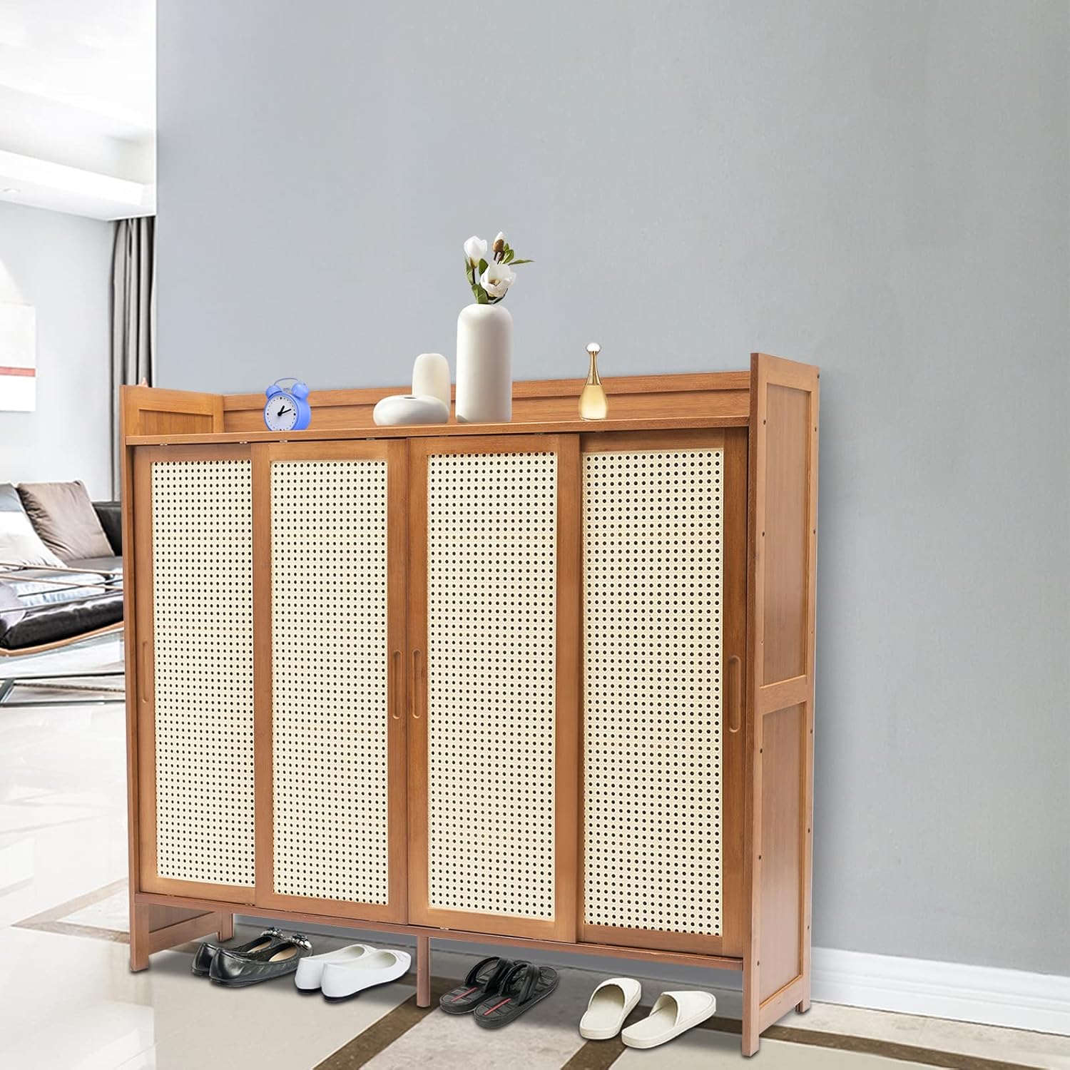 Natural Bamboo 6 Tier Shoe Cabinet with Grid Doors C741