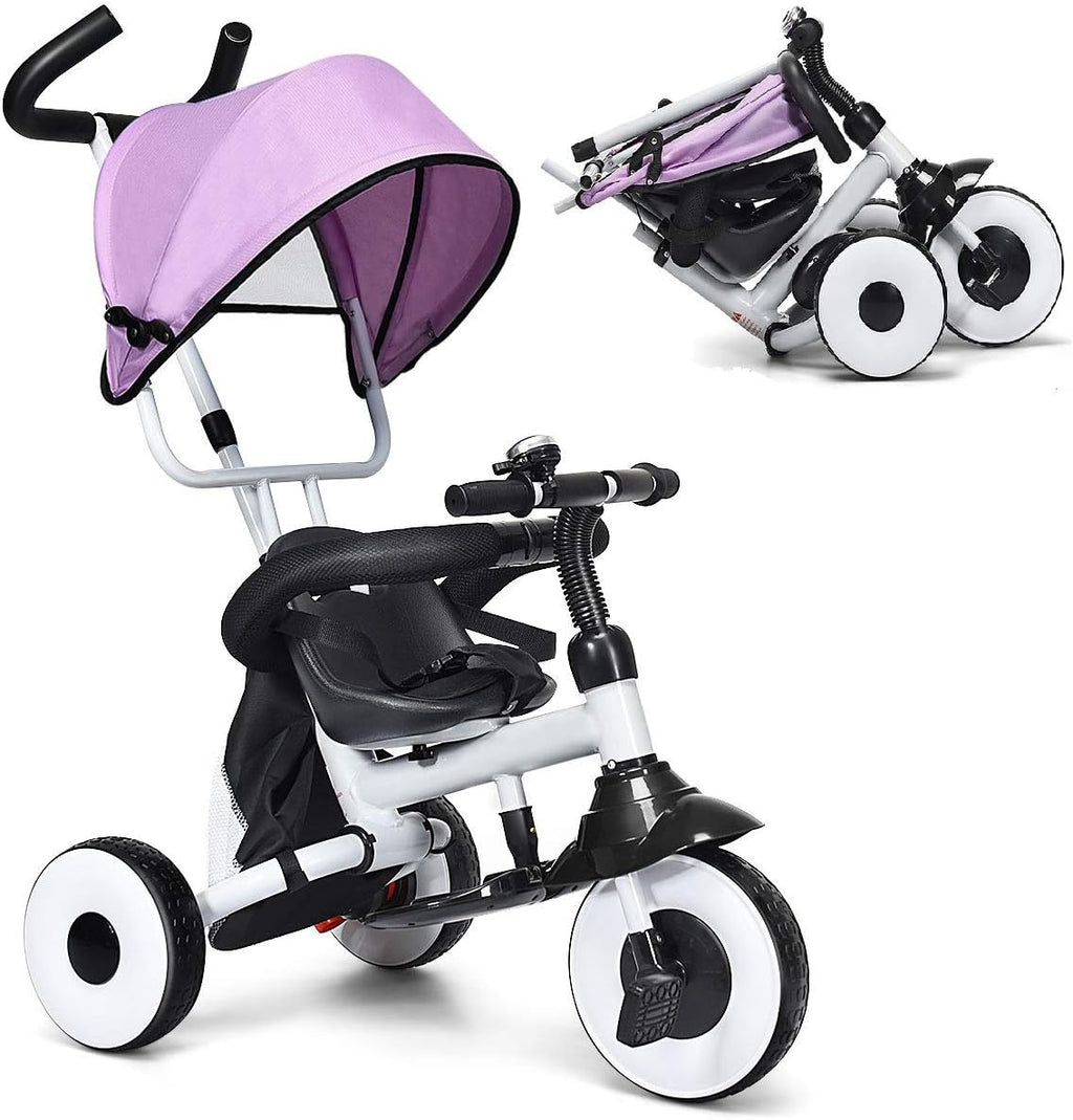 Folding Tricycle with Adjustable Parent Handle, Canopy, Storage Bag, Safety Harness & Wheel Brakes A767