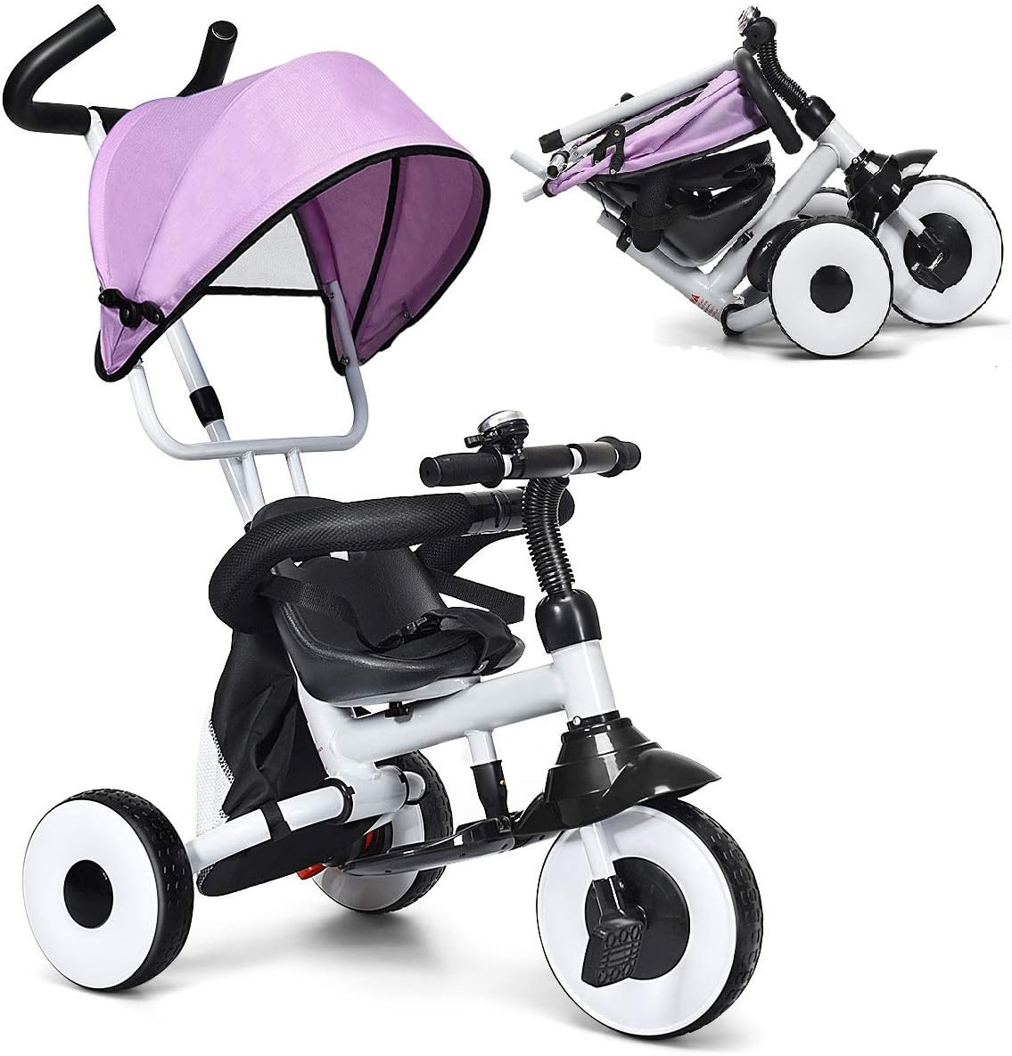 Folding Tricycle with Adjustable Parent Handle, Canopy, Storage Bag, Safety Harness & Wheel Brakes A767
