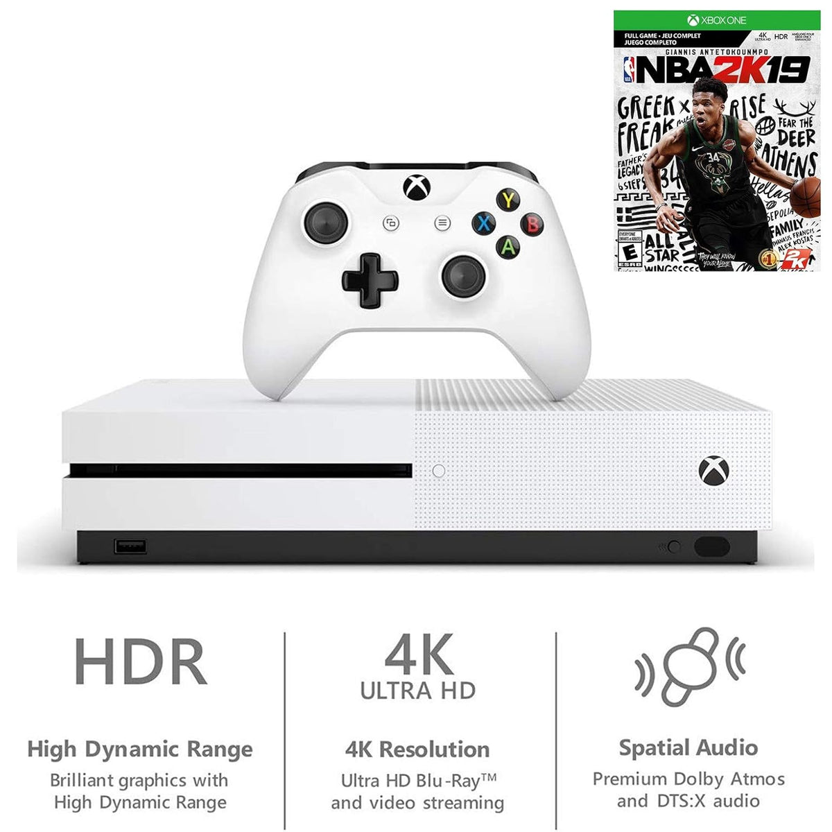 Xbox One S 1TB Console with NBA 2K19 Game and Xbox Wireless Controller E6583