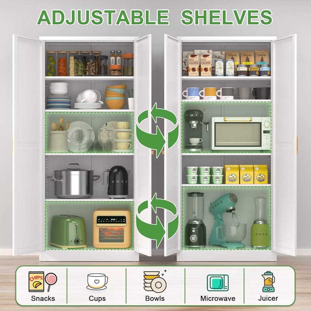 White Tall Kitchen Pantry Cabinet with Doors and Shelves B376153