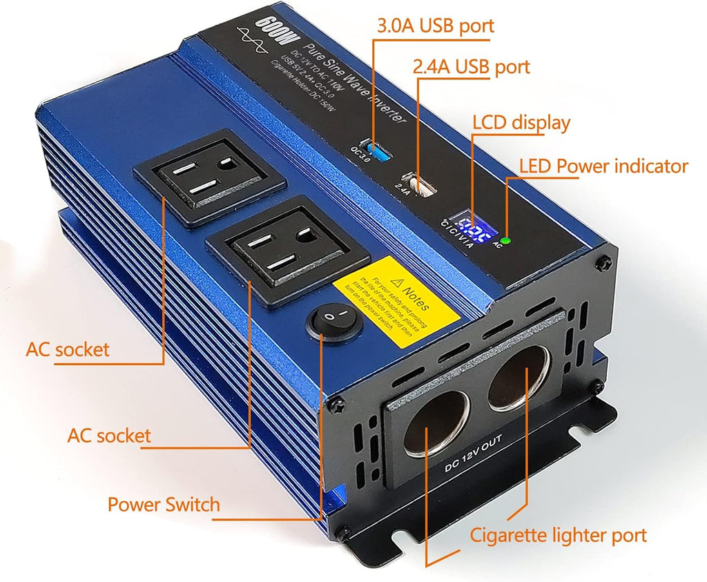 600W Pure Sine Wave Power Inverter DC12V to AC 110V with Dual AC Outlet Q803