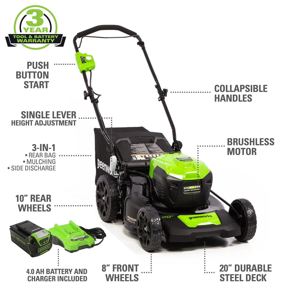 40V Brushless Push Lawn Mower with 4.0 Ah Battery & Quick Charger N89535