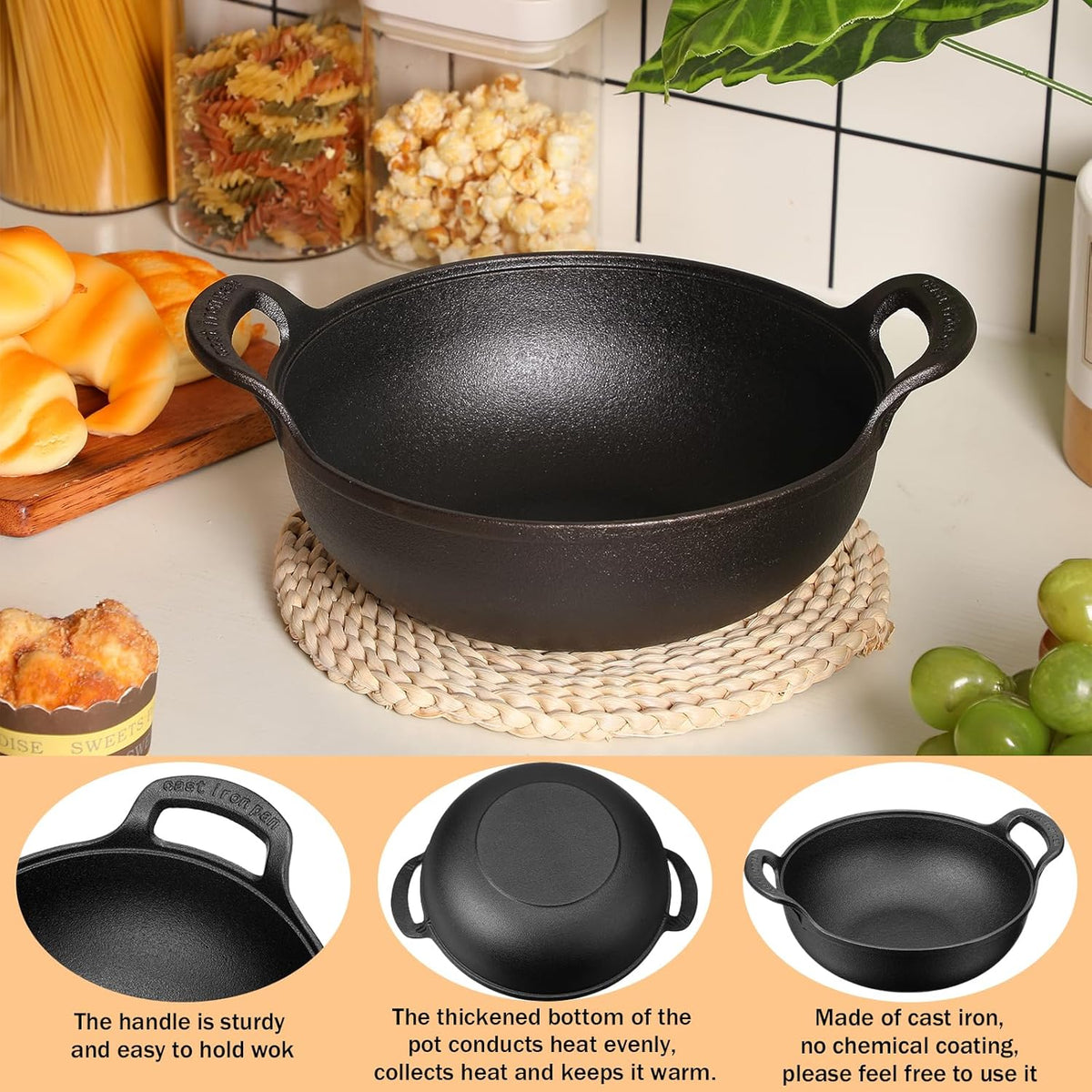 Black Cast Iron Nonstick Mini Wok with Loop Handle G269
