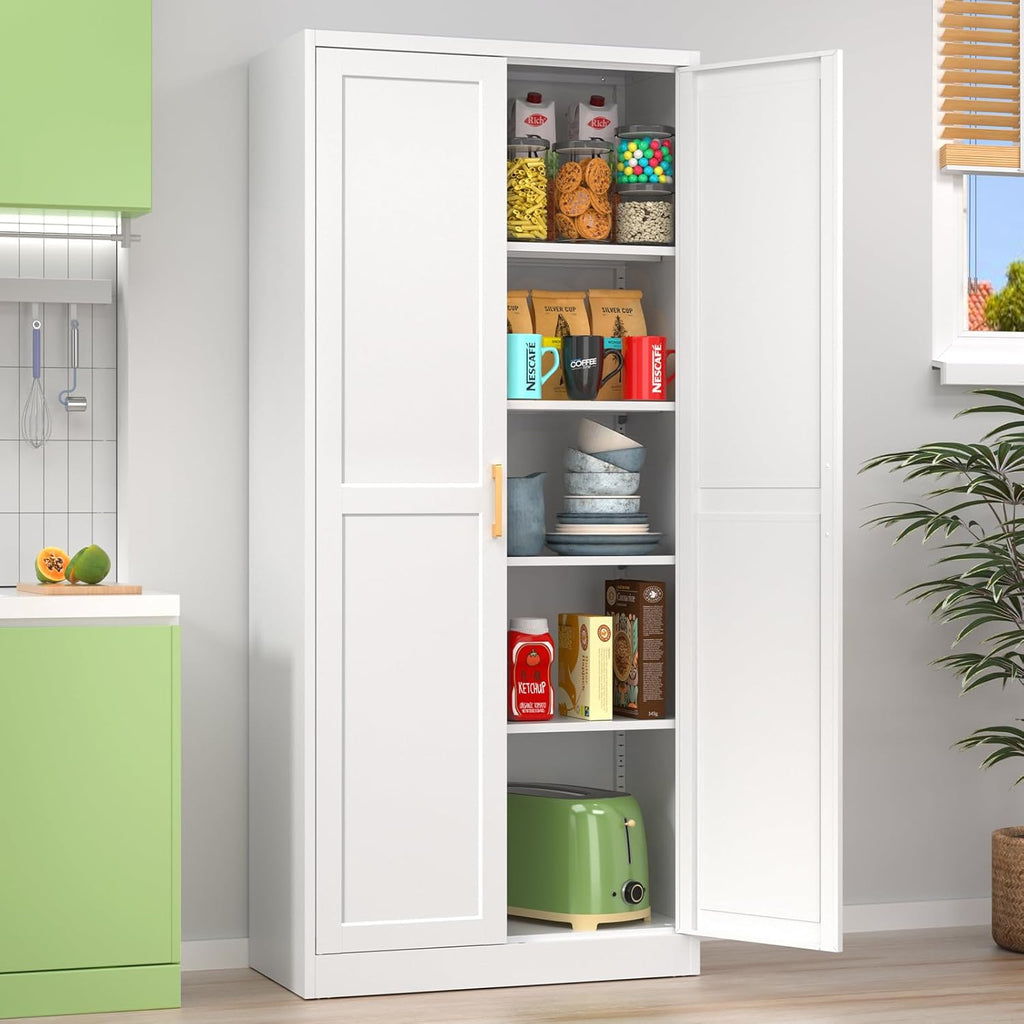 White Tall Kitchen Pantry Cabinet with Doors and Shelves B376153