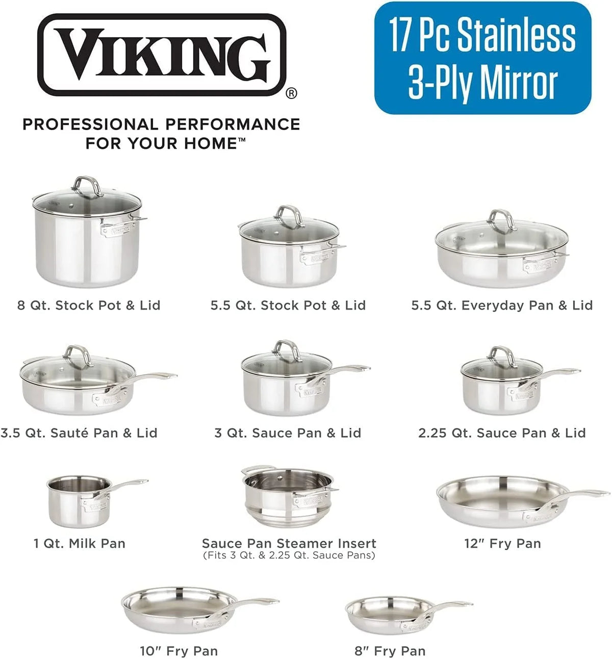 17pc Stainless Steel Cookware Set with Glass Lids E1200