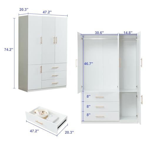 White 4 Doors 3 Drawers Wooden Closet Cabinet Wardrobe Armoire V8323