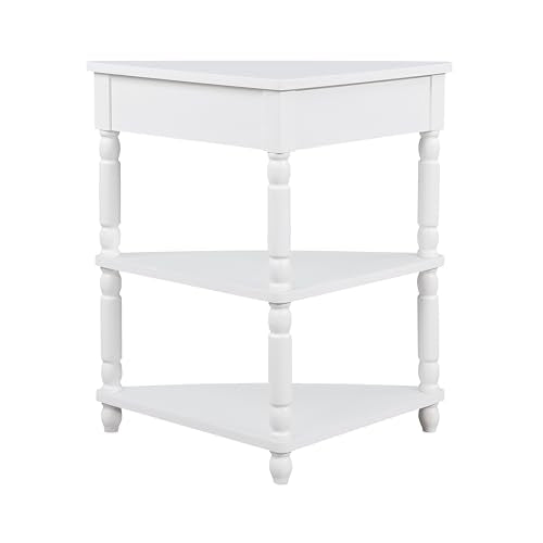Triangle Side Table with Drawer and Storage Shelves (Milk White) S6147