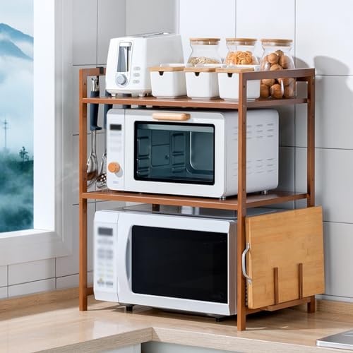 3 Tiers Adjustable Microwave Oven Rack Storage Shelf with 4 Hooks and Chopping Board Stand J683510