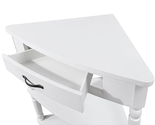 Triangle Side Table with Drawer and Storage Shelves (Milk White) S6147