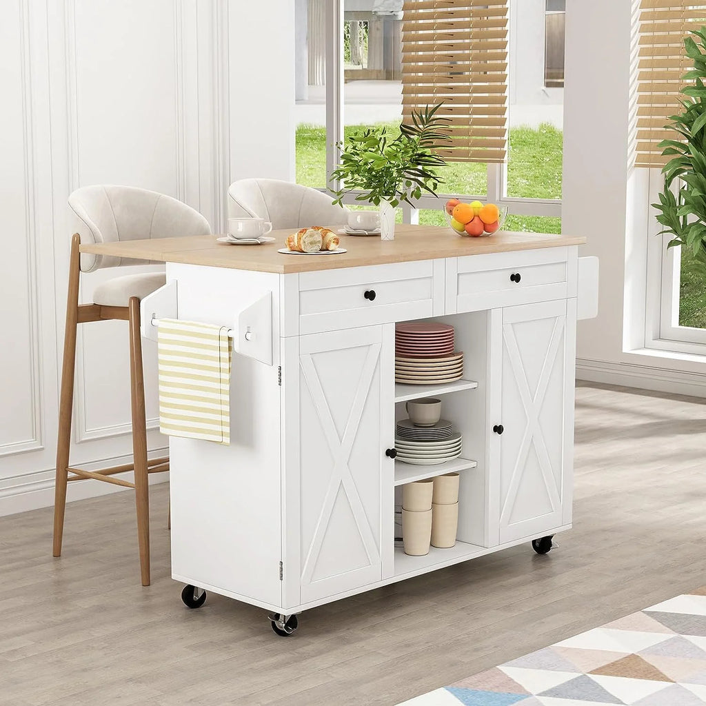 White Kitchen Island with Storage and Drop Leaf P440300