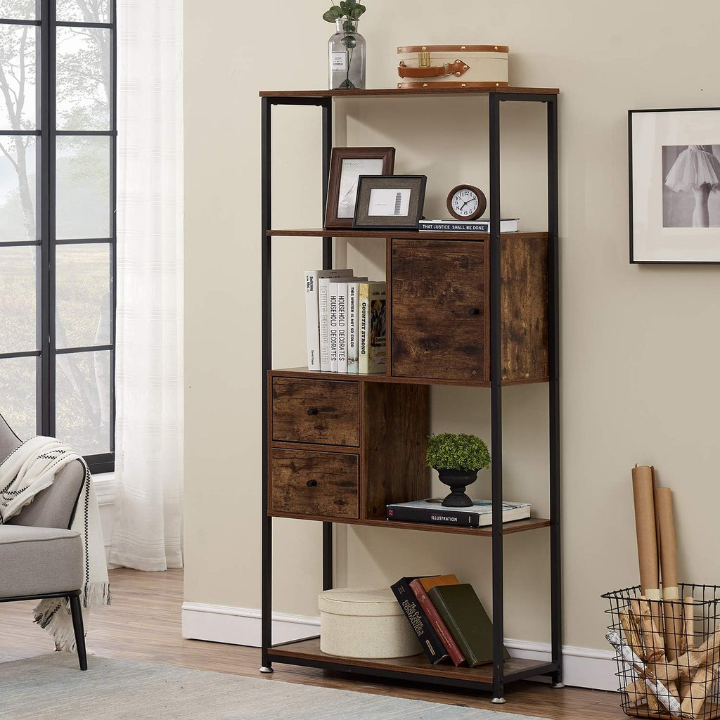 5 Tier Rustic Brown Wood Bookcase with Drawer and Door, Set of 2 J962584