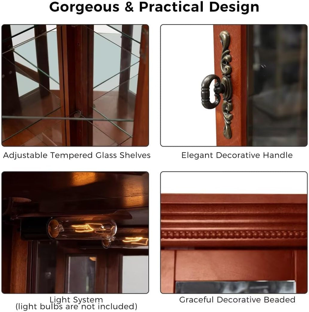 Oak Lighted Corner Curio Cabinet with Adjustable Tempered Glass Shelves Z202465