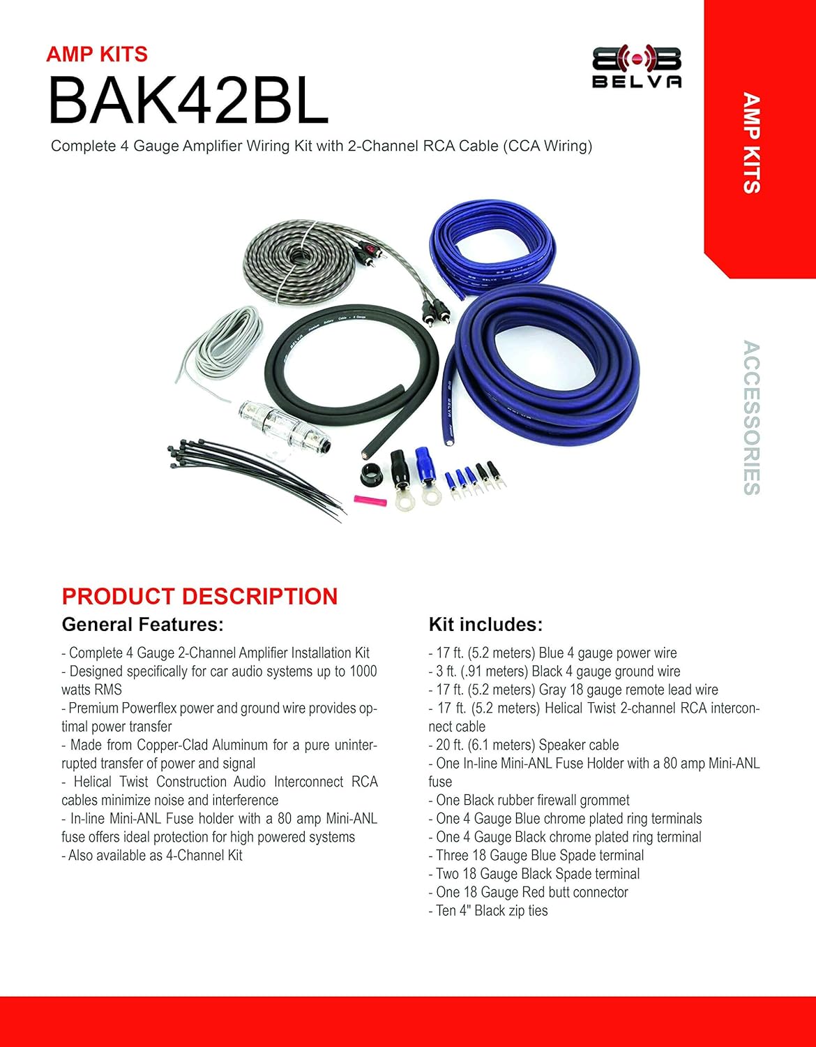 1 Farad Capacitor and 4 Gauge Amplifier Kit with 2 Channel RCA Comb Kit (Blue) Pack of 2 X21043