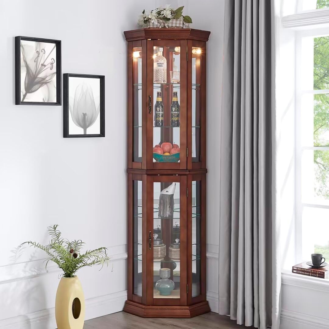 Oak Lighted Corner Curio Cabinet with Adjustable Tempered Glass Shelves Z202465