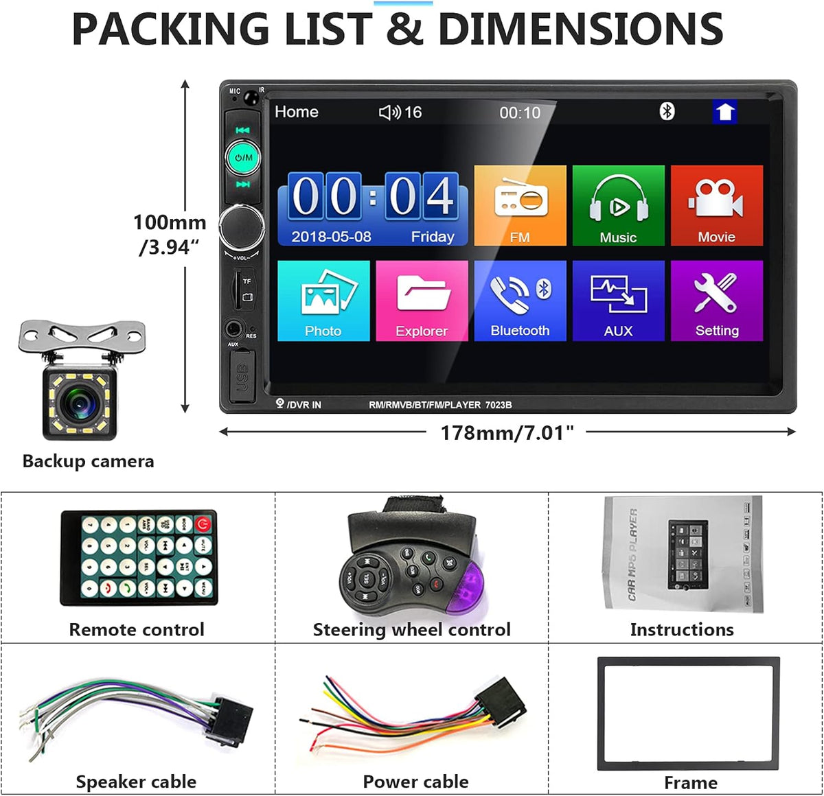 2 Din 7 Inch Touch Screen Car Stereo with Bluetooth G78051