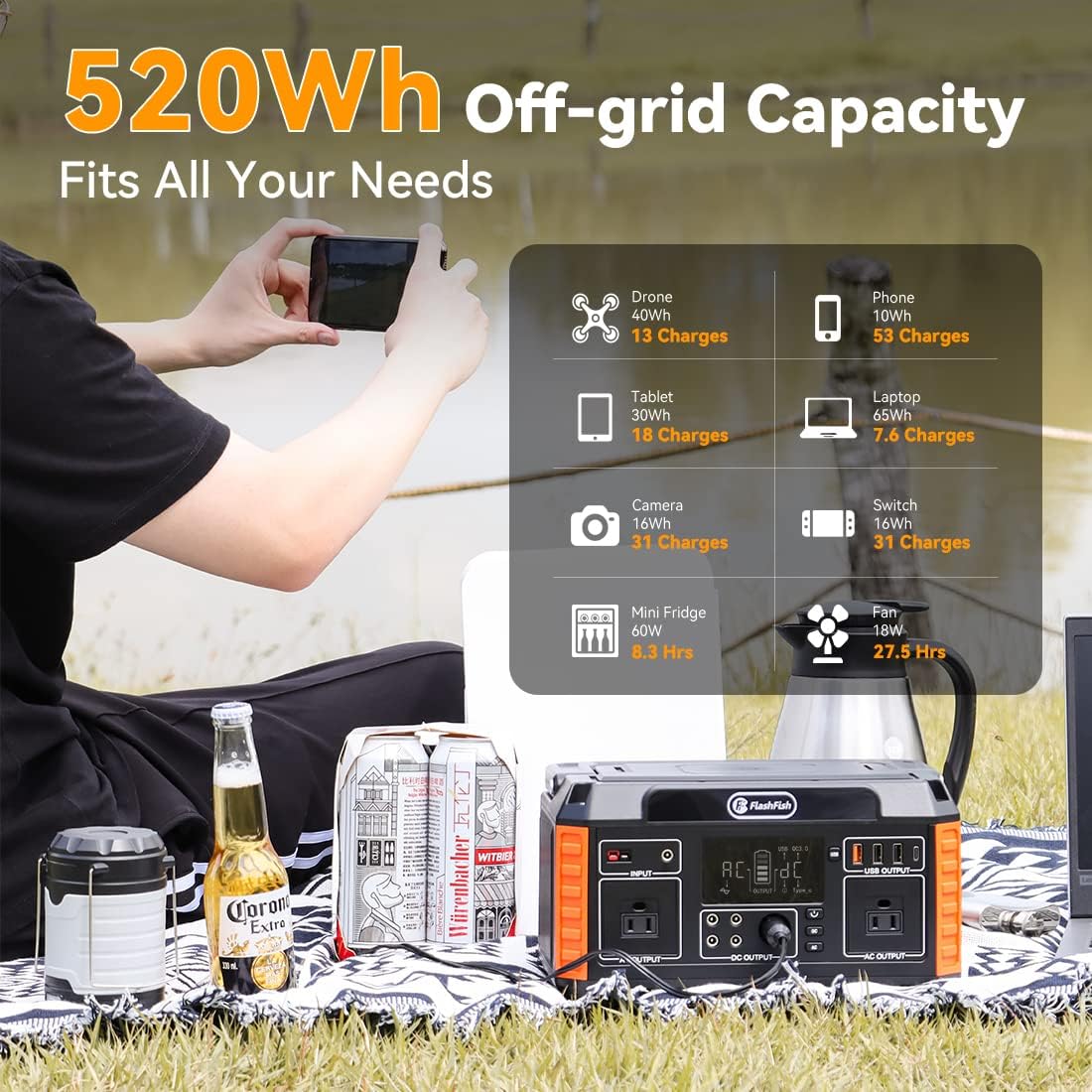 560W Portable Power Station, 520Wh/140400mAh, 2x110V/560W AC Outlets, 5xDC Output, 4xUSB Outputs, Lithium Battery Pack O24001