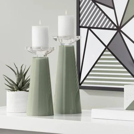 Deep Lichen Green Glass Pillar Candle Holder Set of 2 O91302
