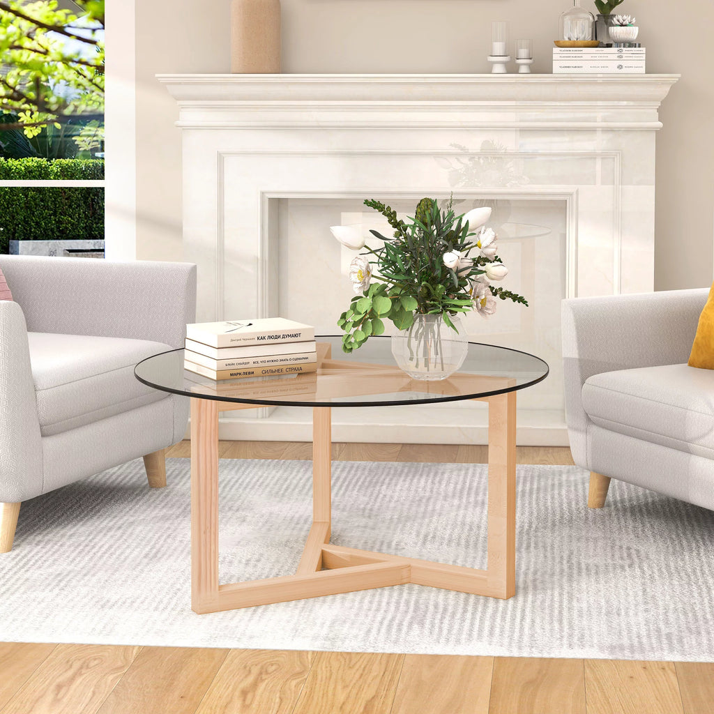 Round Glass Coffee Table with Tempered Glass Top & Wood Base F2262