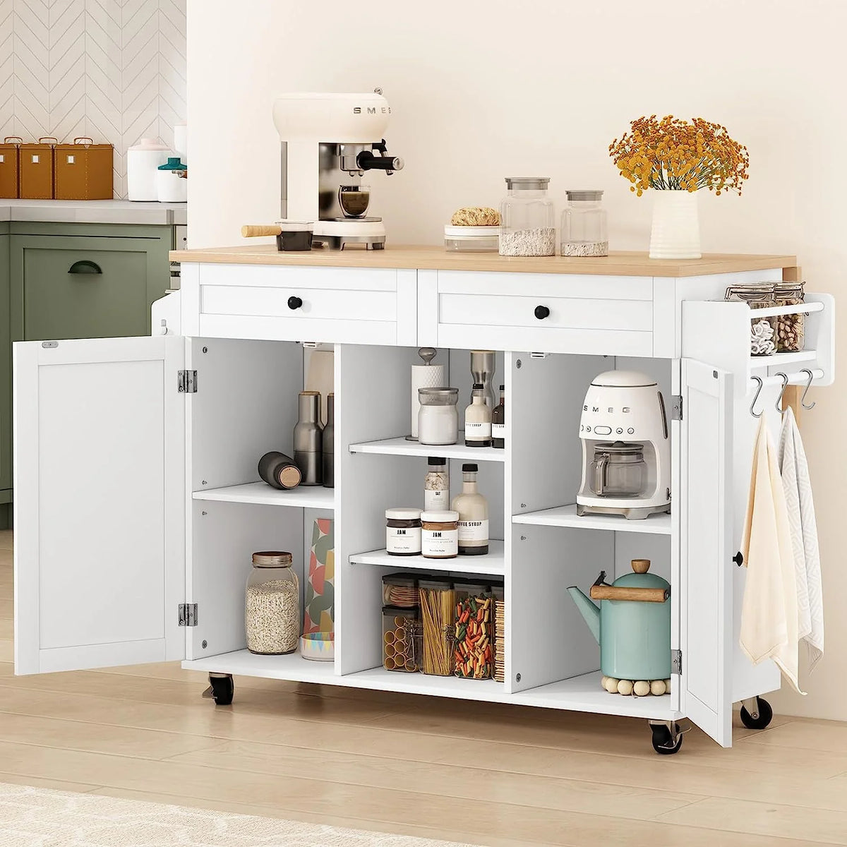 White Kitchen Island with Storage and Drop Leaf P440300