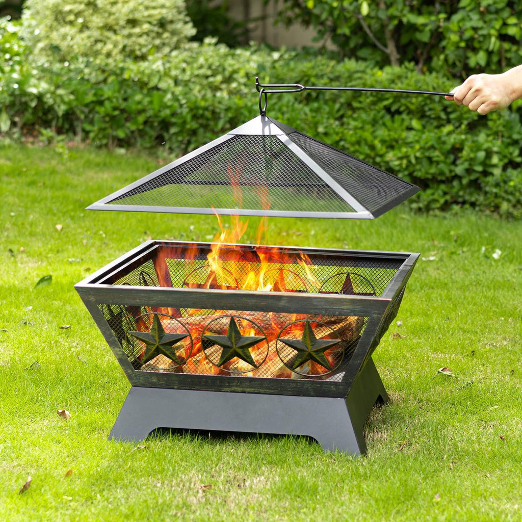 Fire Pit Outdoor Wood Burning 24in with Spark Screen Mesh Lid Bronze C2621