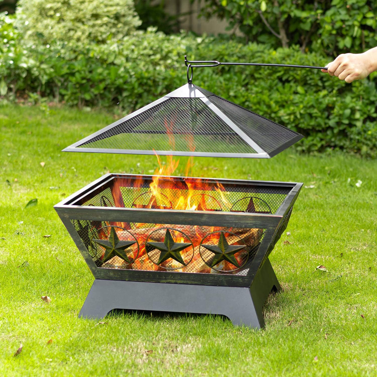 Fire Pit Outdoor Wood Burning 24in with Spark Screen Mesh Lid Bronze C2621