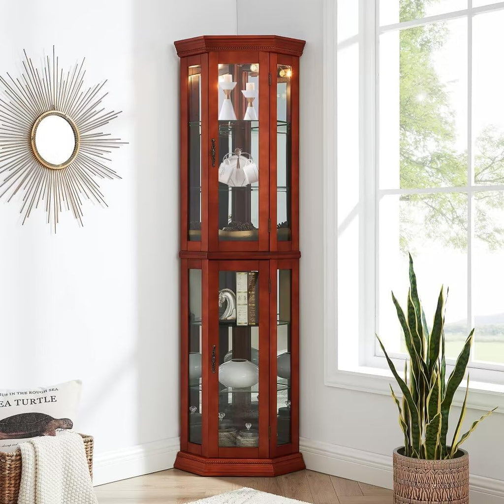 Oak Lighted Corner Curio Cabinet with Adjustable Tempered Glass Shelves Z202465